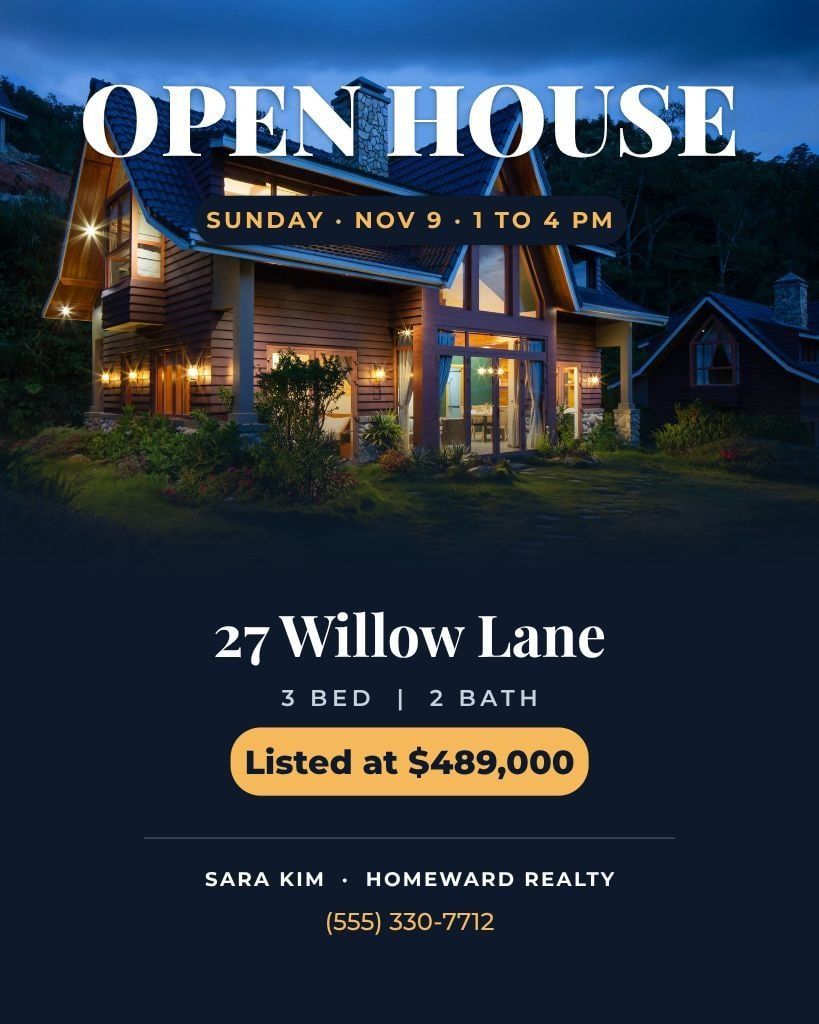 Open house flyer built around an attached photo of the house